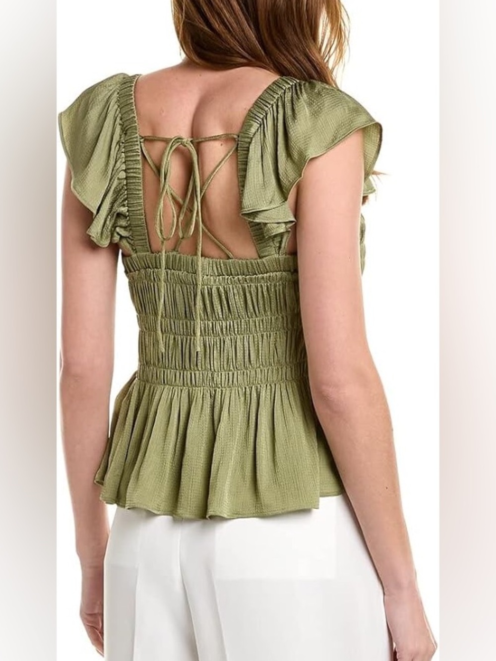 Ted Baker London Alovia Smock Bodice Top in mid-green with a lace-up back.